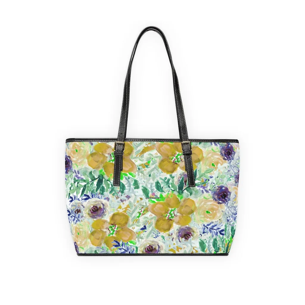 Yellow Floral Rose Tote Bag, Flower Print Best Designer Women's PU Leather Shoulder Hand Work Bag