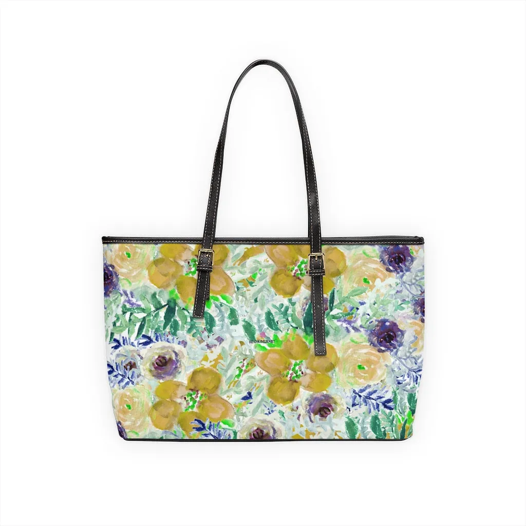 Yellow Floral Rose Tote Bag, Flower Print Best Designer Women's PU Leather Shoulder Hand Work Bag