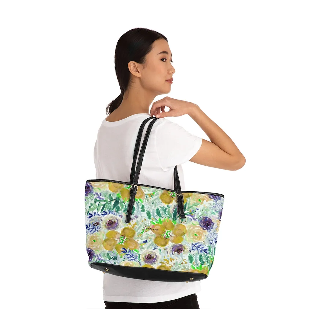 Yellow Floral Rose Tote Bag, Flower Print Best Designer Women's PU Leather Shoulder Hand Work Bag