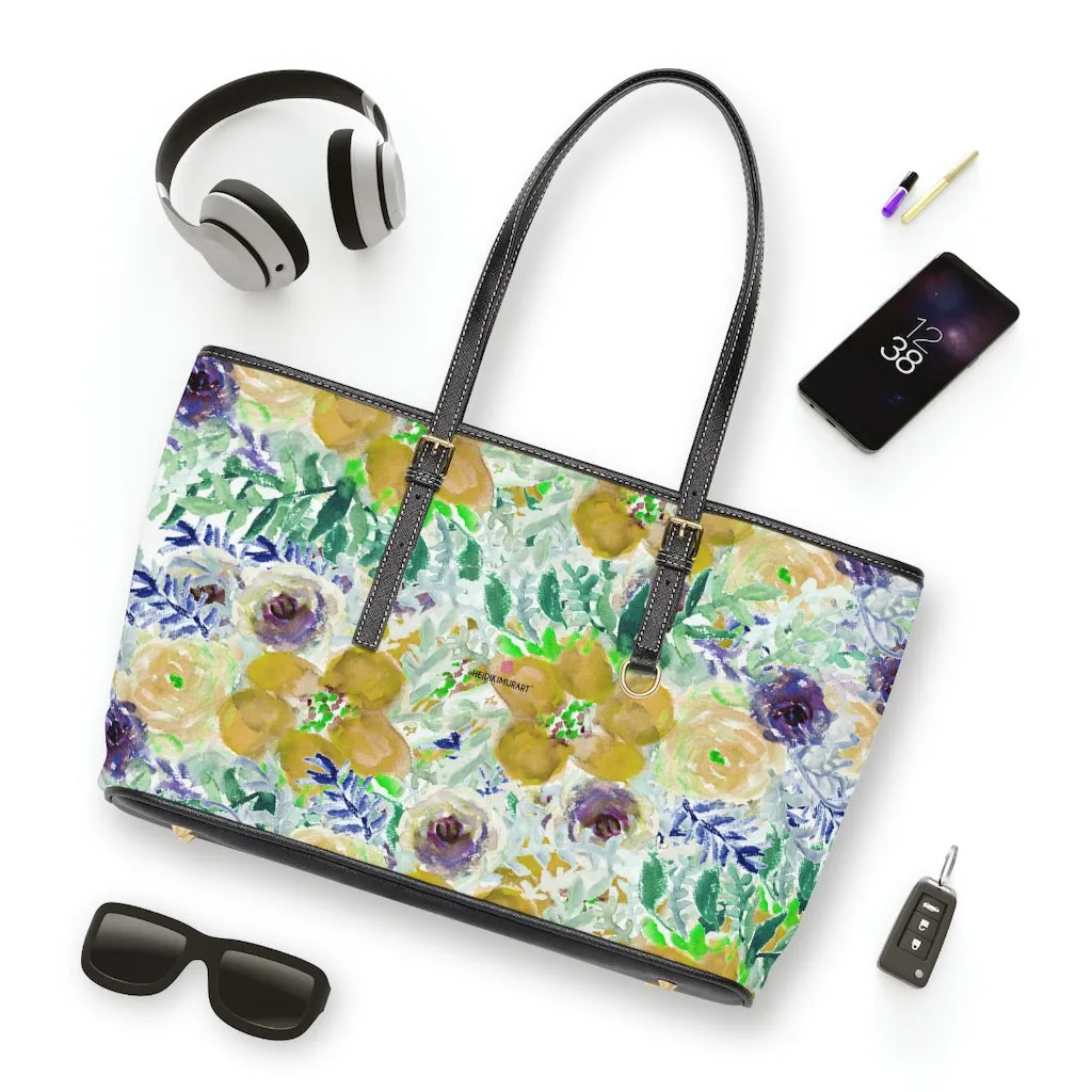 Yellow Floral Rose Tote Bag, Flower Print Best Designer Women's PU Leather Shoulder Hand Work Bag