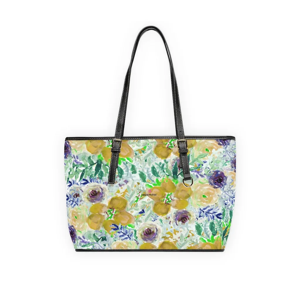 Yellow Floral Rose Tote Bag, Flower Print Best Designer Women's PU Leather Shoulder Hand Work Bag