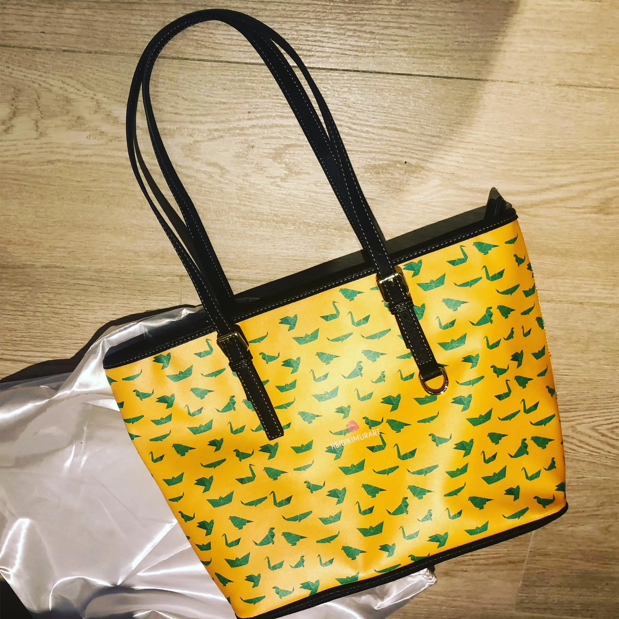 Yellow Green Crane Tote Bag, Japanese Style PU Leather Shoulder Hand Work Bag 17"x11"/ 16"x10"