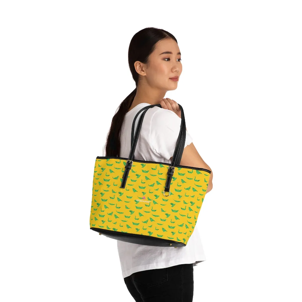 Yellow Green Crane Tote Bag, Japanese Style PU Leather Shoulder Hand Work Bag 17"x11"/ 16"x10"