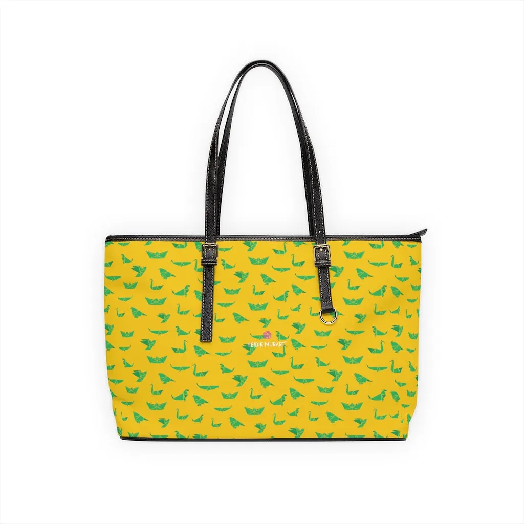 Yellow Green Crane Tote Bag, Japanese Style PU Leather Shoulder Hand Work Bag 17"x11"/ 16"x10"