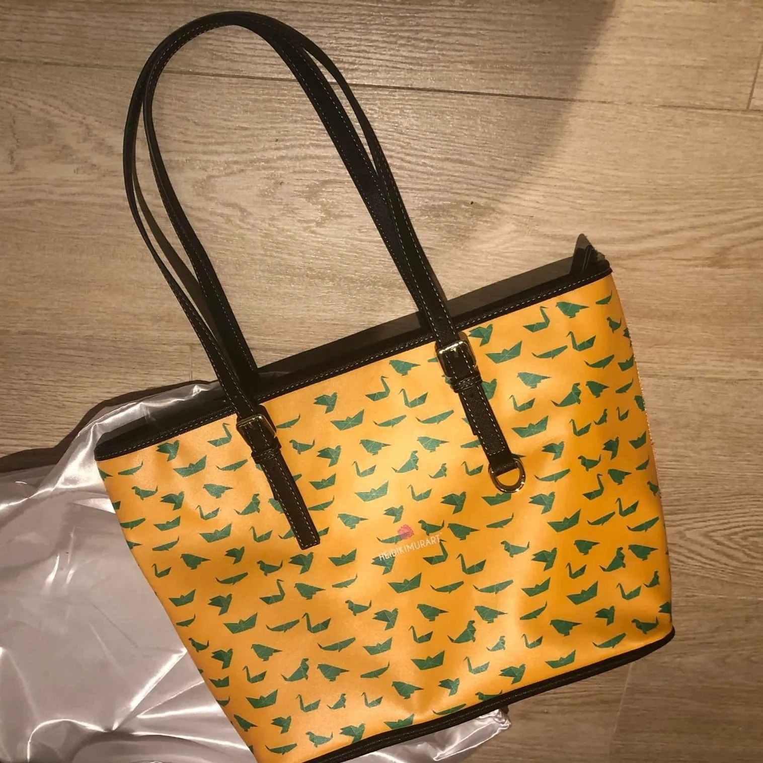 Yellow Green Crane Tote Bag, Japanese Style PU Leather Shoulder Hand Work Bag 17"x11"/ 16"x10"