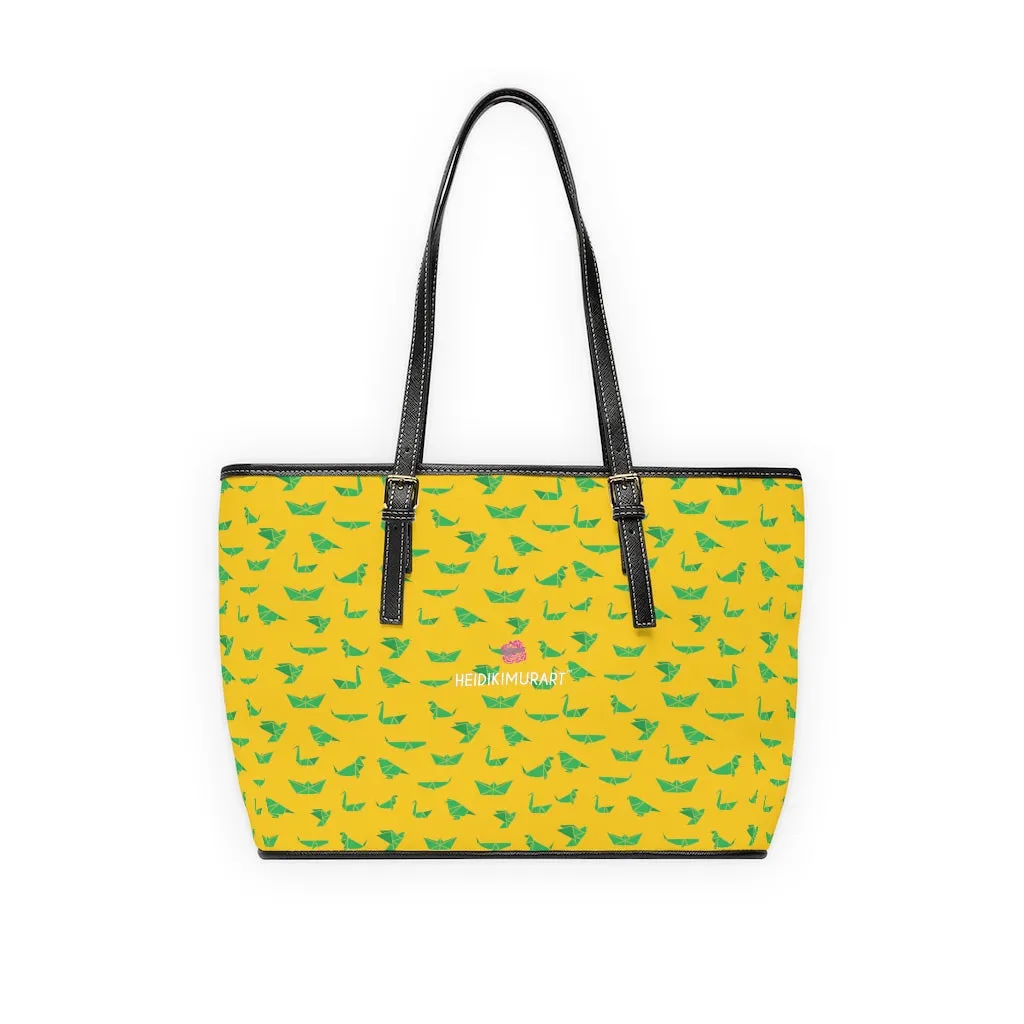 Yellow Green Crane Tote Bag, Japanese Style PU Leather Shoulder Hand Work Bag 17"x11"/ 16"x10"