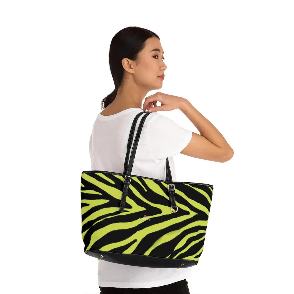 Yellow Zebra Tote Bag, Animal Print PU Leather Shoulder Hand Work Bag 17"x11"/ 16"x10" For Ladies