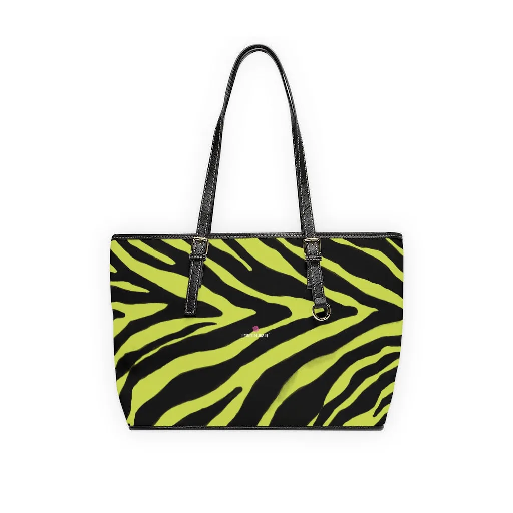 Yellow Zebra Tote Bag, Animal Print PU Leather Shoulder Hand Work Bag 17"x11"/ 16"x10" For Ladies